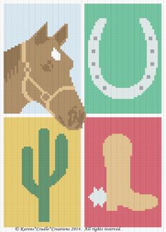 cross stitch pattern with horse, cactus and letter o in four different color scheme for children's room