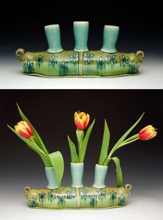 two pictures of vases with flowers in them and one has four candles on it