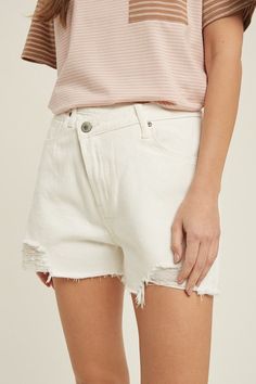 Overlap front, distressed shorts, casual denim shorts, fun design, unique design, zip up closure, belt loops, 2 front pockets, 2 back pockets. Trendy Cutoff Shorts With Belt Loops, Spring Knee-length Jean Shorts With Belt Loops, Casual Denim Shorts, Shorts Casual, Distressed Shorts, Distressed Denim Shorts, Fun Design, Casual Denim, Distressed Denim