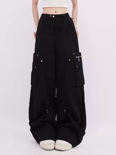 Multi-Pocket Strap Design Wide Pants Large Black Pants Outfit, Outfits With Black Jeans Aesthetic, Cute Pants Aesthetic, Black Pants Aesthetic, Black Aesthetic Clothes, Black Wide Pants, Black Baggy Pants, Pants Aesthetic, Cargo Pants Black