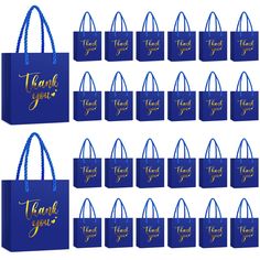 blue bags with thank you written on them and gold foil lettering, all in different styles