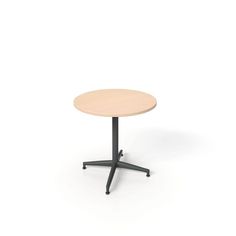 a round table with black legs and a wooden top, viewed from the front on an isolated white background