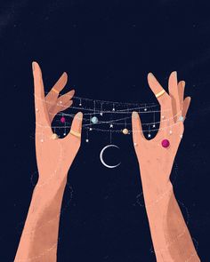 two hands reaching up to grab a string with beads hanging from it and the moon in the background