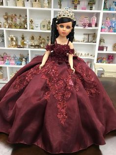 Personalized Quinceanera Doll Dress Custom made Doll Dress | Etsy Red Dress Quince Doll, Velvet Red Quince Dresses, Brown Quincenera Dresses, Quinceanera Accessories, Blush Colored Dress, Mexican Quinceanera, Quinceanera Gifts, Champagne Color Dress, Lace Headpiece