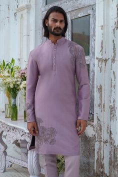 Purple full sleeves kurta with blossom thread and beaded embroidery. Paired with a trouser. - Aza Fashions Formal Unstitched Kurta With Embroidered Sleeves, Elegant Sherwani With Embroidered Sleeves For Eid, Elegant Eid Sherwani With Embroidered Sleeves, Fitted Sets With Embroidered Sleeves For Diwali, Traditional Formal Kurta With Embroidered Sleeves, Unstitched Traditional Wear With Embroidered Sleeves For Wedding, Traditional Bandhgala With Embroidered Sleeves For Eid, Long Sleeve Bandhgala With Dabka Work For Spring, Festive Sherwani With Embroidered Sleeves For Wedding