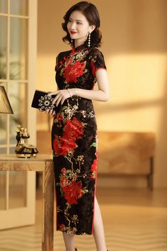 2021 China Cheongsam Positioning Flower Pattern Chinese - Etsy Brasil Cheongsam Design, Chinese Outfits, Wedding Cheongsam, Red Qipao, Vietnam Dress, Red Spider Lily, Cheongsam Modern, Chinese Cheongsam, Modern Cheongsam