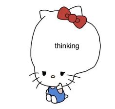 a cartoon cat with a red bow on its head and the words thinking above it