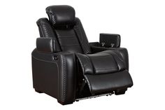 the reclining chair is black leather with stitching