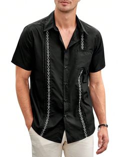 High Quality Fabric: Men's Embroidered Guayabera beach shirt made of lightweight fabric. Feature with breathable and soft touch, breathable, do not shrink and fade, moisture-wicking, which makes you comfort and handsome.
Classic Design: The front of the short sleeved shirt is designed with double vertical geometric embroidery style, giving the shirt a classic and fashionable appearance, button closure, lapel, left chest pocket, relaxed fit, perfectly suitable for all seasons especially casual su Embroidered Short Sleeve Shirt For Beach, Embroidered Short Sleeve Beach Shirt, Embroidered Summer Shirt For The Beach, Black Button-up Camp Shirt For Beach, Black Button-up Hawaiian Shirt For Beach, Black Button-up Camp Shirt For The Beach, Beach Embroidered Shirt With Camp Collar, Beach Embroidered Collared Shirt, Embroidered Camp Collar Shirt For Vacation