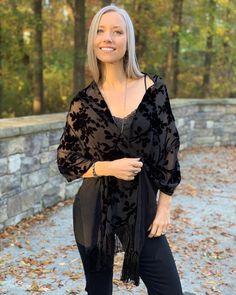 "This Boho-chic silk velvet scarf/shawl is ready to ship. It adds the perfect touch of Bohemian luxury to any outfit. It's even a lovely gift for a special friend, family member or bridesmaid. The luxurious fabric is a silk velvet floral burnout, giving a gorgeous flowing drape. It is hand dyed  with hand rolled hems with fringe edges. We dye these in our studio using special dye techniques. We have used permanent fiber reactive dyes, so the colors are permanently fixed in the fabric and will not fade or bleed. Scarf length is 76\", width 20\". The styling versatility is endless and up to your imagination. Wash instructions will be included with your package. Wash by hand in lukewarm water using mild silk and wool detergent.  Add fabric softener in the last rinse water.  Squeeze out excess Black Velvet Shawl, Winter Vacation Outfits, Shawl Black, Bridesmaid Shawl, Boho Shawl, Velvet Dress Designs, Elegant Shawl, Velvet Shawl, Velvet Scarf