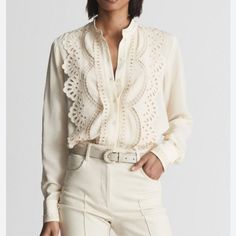 Reiss Karina Embroidered Front Blouse. Cream. Ivory. Embroidered. Button Down Top. Grandad Collar. Victorian. Brand New. Nwt. Pit To Pit: 21” Shoulder To Hem: 27” Jeans Sandals, Elegant Blouse Designs, Blouse Nordstrom, Elegant Blouses, Embroidery Blouse, Embroidered Silk, Embroidered Blouse, Women Lace, Button Placket