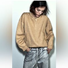 Bomber Style Cardigan With Round Neck And Long Sleeves. Front Welt Pockets. Front Zip Closure. Armpit To Armpit 27” Length 23” Zara Gold, Zara Knit, Style Cardigan, Bomber Jackets, Zara Jackets, Metallic Thread, Knit Jacket, Welt Pockets, Welt Pocket