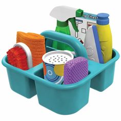 two blue plastic containers filled with cleaning supplies