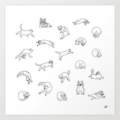 black and white drawing of cats in various positions on a white background art print by artist mark