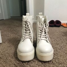 These Are High Quality Boots, Heavy, Has Lots Of Memory Foam, Brand New Only Worn Once Easy Clean Up Casual High-top Platform Boots For Spring, Casual Lace-up Platform Boots For Spring, White Casual Lace-up Platform Boots, Spring Combat Boots With Chunky Platform And Round Toe, Casual Ankle-high Lace-up Boots For Spring, Casual Platform Boots For Spring, Casual Spring Platform Boots, Casual High-top Platform Boots, Spring Casual Lace-up Boots With Round Toe