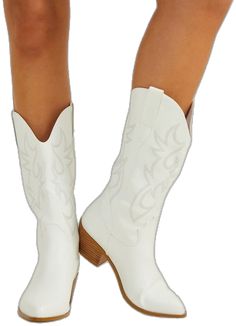 White Boots For Ranch In Fall, White Heeled Boots For Fall Rodeo, White Heeled Boots For Rodeo In Fall, White Western Heeled Boots For Fall, White Boots For Western-themed Events, Western Knee-high Boots For Spring, White Mid-calf Boots For Ranch In Fall, White Western Knee-high Boots With Wide Calf, White Snip Toe Mid-calf Boots For Rodeo