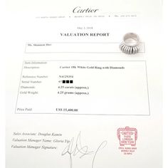 Authentic Cartier 18k White Gold Diamond Fan Ring Paper        This ring comes with original Cartier box and Cartier valuation report dated May 2018.  Metal: 18k White  Gold Ring Size: European 54, US 6 1/2  Stones: 340 Round brilliant cut diamonds VVS1 clarity, E color total weight approximately 4.25ct  Weight: 26.1 grams  Width: 11mm  Hallmarks: Cartier 750 54 971XXX(serial number omitted) French Hallmarks  Dimensions reference the ring size and are not specific to the ring itself. Formal Cartier Ring Stamped 14k, Cartier 14k Stamped Formal Rings, Cartier 14k Stamped Rings For Formal Occasions, Cartier Brilliant Cut Diamond Ring For Anniversary, Cartier Diamond Ring With Brilliant Cut For Anniversary, Cartier Wedding Jewelry Stamped 14k, Cartier Diamond Ring With Vs Clarity, Cartier Diamond Ring With Vvs Clarity For Anniversary, Cartier 14k Stamped Jewelry For Anniversary