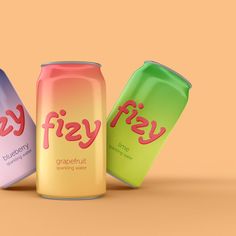 three cans of fizzy and grapefruit are shown in this 3d rendering image