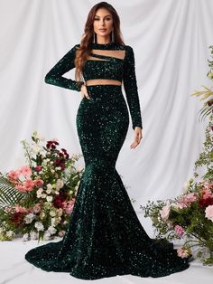 Glamorous Green Long Sleeve Gown, Long Sleeve Green Mermaid Dress For Prom, Fitted Green Evening Dress With Contrast Sequin, Green Long Sleeve Sequin Dress, Sequin Mermaid Dress For Homecoming Party, Green Long Sleeve Evening Dress For Night Out, Glamorous Green Sequin Prom Dress, Glamorous Green Sequin Dress For Prom, Green Long Sleeve Gown With Sequins