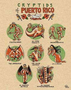 an old mexican poster with images of people and animals in different colors, including the words crypptids of puerto rico