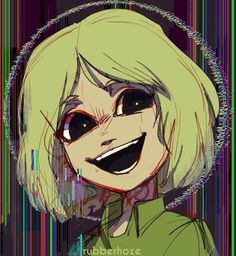 a drawing of a girl with blonde hair and green shirt smiling at the camera,