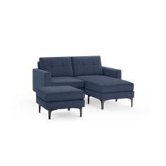 a blue sectional couch with ottoman and footstool in front of a white background