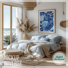 a bedroom with an ocean view is featured in the magazine mockup universe, which features artwork by digital download