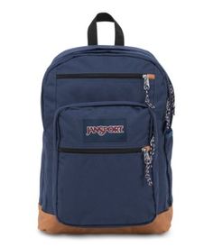 All the great features of our Big Student, plus a sleeve for a 15 inch laptop and synthetic leather base & trim. Jansport Backpacks, Mochila Jansport, Student Laptop, Backpack Reviews, Luggage Backpack, Stylish Backpacks, Student Backpacks, Blue Backpack, Navy Fashion