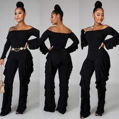 This Jumpsuit Has Lots Of Stretch, Fits Comfortably And Is Great For All Occasions. Fitted Ruffles Bodysuit For Night Out, Chic Stretch Sets With Ruffles, Chic Stretchable Ruffled Sets, Elegant Ruffled Sets For Fall, Elegant Fall Sets With Ruffles, Elegant Fall Ruffled Sets, Fitted Long Sleeve Bodysuit With Ruffles, Fitted Long Sleeve Jumpsuits And Rompers With Ruffles, Fitted Jumpsuits And Rompers With Ruffles And Long Sleeves