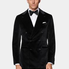 This black velvet tuxedo is cut to a tailored double-breasted fit with a broad peak lapel, a natural shoulder, and sleek jetted pockets for a streamlined silhouette. Black Velvet Tuxedo, Broad Peak, Velvet Tuxedo, Dinner Jacket, Black Tie Wedding, Peak Lapel, Wedding Suits Men, Cotton Velvet, Bold Black