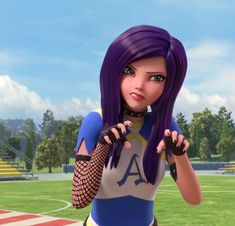 a girl with purple hair and tattoos on her arm, standing in front of a soccer field