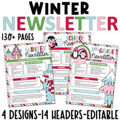 three winter newsletters with snowman and penguin