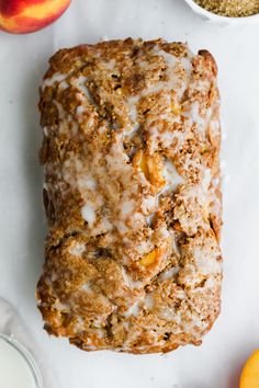 glazed sweet peach bread Peach Breakfast Bread, Peaches And Cream Bread, Peach Quick Bread Recipes Easy, Peach Fritter Bread, Fall Peach Recipes