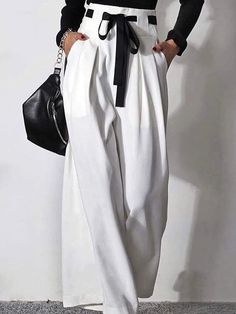 High Waisted Loose Drawstring Pleated Pants Trousers WHITE-2XL White Wide Leg Trousers, Casual Autumn Outfits Women, Pants Women Fashion, White Trousers, Loose Trousers, Casual Wide Leg Pants, Moda Vintage, Pleated Pants, Type Of Pants