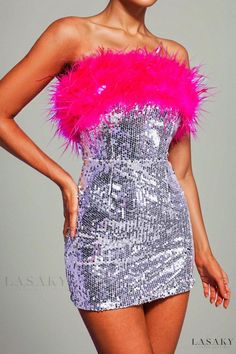 Lasaky - Exquisite Giela Feather Sequin Mini Dress for a Glamorous Look Feather Dress Outfit, Sequin Tube Dress, Silver Sequin Dress, Glamorous Look, Bandage Midi Dress, Sequin Cocktail Dress, Pink Feathers, Bandeau Dress, Feather Dress