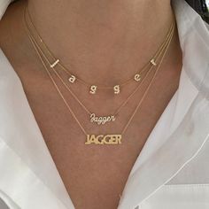 This beautiful necklace features the name of your choice in a fluted font. Price is based on the number of letters in the name. Available in 14K Yellow, White or Rose Gold UPPERCASE LETTERS ONLY Letter height: approx. 0.40" Up to 12 letters only FINAL SALE Name Necklace Layered, Name Pendant Gold, Necklace Name Design, Diamond Name Necklace, I Love Gold, Sparkly Accessories, Customised Bracelets, Name Necklace Gold, Fancy Jewelry Necklace