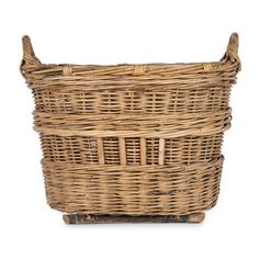 a large wicker basket sitting on top of a wooden stand