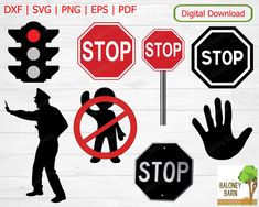 stop signs and hand signals are displayed on a wooden background with the words dxf sv