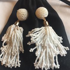 Beaded Tassel White Long Earrings Never Worn Fun Gold At Top Of Beads Elegant Tassel Earrings With Round Dangling Beads, White Tassel Earrings For Party, White Tassel Dangle Earrings, White Tassel Drop Earrings For Wedding, White Tassel Earrings For Weddings, Elegant White Beaded Earrings With Colorful Beads, White Dangle Tassel Earrings With Pearl Drop, White Pearl Drop Dangle Tassel Earrings, White Beaded Drop Earrings For Beach