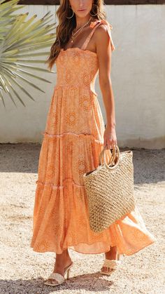 Get ready for Floral Smocked Tiered Maxi Dress in orange that features a flowy skirt. Winter Mini Dresses, Holiday Maxi Dress, Mini Robes, Bow Knot, Tiered Maxi Dress, Holiday Dress, 70 Dress, Daily Dress, Flowy Skirt