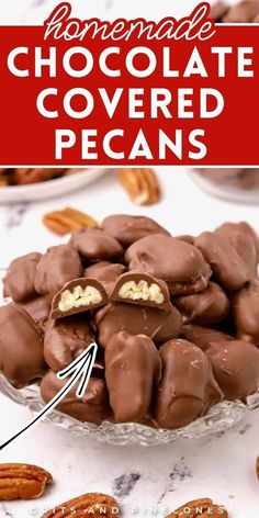 homemade chocolate covered pecans in a bowl with text overlay that reads homemade chocolate covered pecans