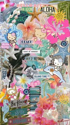 an altered collage with hello kitty stickers and flowers on the bottom right hand corner