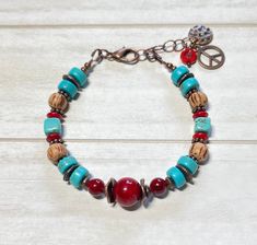 Handmade Red Bohemian Beaded Bracelets, Red Bohemian Bracelet Beads, Hippie Red Beaded Bracelet Gift, Handmade Red Hippie Beaded Bracelets, Red Hippie Beaded Bracelets For Gift, Red Bohemian Bracelets For Festival, Bohemian Red Bracelets With Colorful Beads, Southwestern Style Red Beaded Bracelet As Gift, Southwestern Style Red Beaded Bracelets For Gift