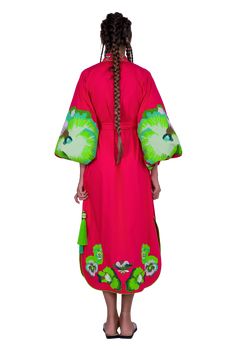 Luxurious Red/Green Pansies Women's Midi Caftan Yuliya Magdych Kaftan With Woven Motifs For Traditional Ceremonies, Festival Embroidered Dress With Traditional Patterns, Traditional Embroidered Dress With Woven Motifs For Summer, Festive Multicolor Kaftan With Woven Motifs, Multicolor Embroidered Dress With Traditional Patterns, Traditional Summer Embroidered Dress With Woven Motifs, Festive Multicolor Woven Motifs Kaftan, Traditional Kaftan With Kimono Sleeves For Festivals, Bohemian Pink Embroidered Kimono