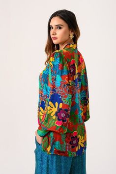 Multicolor shirt with flower print and puffed sleeves. Paired with geometric print pant. - Aza Fashions Multicolor Lantern Sleeve Printed Blouse, Multicolor Printed Blouse With Lantern Sleeves, Multicolor Printed Lantern Sleeve Blouse, Multicolor Printed Puff Sleeve Blouse, Multicolor Puff Sleeve Top With Gathered Sleeves, Multicolor Tops With Gathered Sleeves For Spring, Fitted Multicolor Blouse With Balloon Sleeves, Multicolor Fitted Blouse With Balloon Sleeves, Fitted Multicolor Balloon Sleeve Blouse