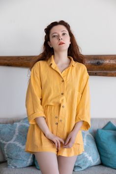 "Welcome to Pavietra! This set of linen pajamas made up of an oversized shirt with pocket detail, which is decorated with handmade stitches, and loose-fitting shorts with an elastic waist and coconut button detail. It can be worn at home and out. PAJAMAS DETAILS ⚬ Oversized fit ⚬ Made of washed organic Oeko-Tex certified linen grown in Belarus. ⚬ Side pockets. ⚬ Linen is NOT see-through. ⚬ Your choice of 20 colors. ⚬ Sizes XXS to 3XL (please see detailed size chart in photos). ⚬ If you would lik Summer Matching Set Tops For Daywear, Summer Daywear Matching Set Tops, Summer Short Sets With Pockets, Summer Sets With Pockets And Short Length, Summer Matching Set For Daywear, Matching Summer Daywear Sets, Summer Daywear Matching Set, Matching Set For Daywear In Summer, Summer Sets With Relaxed Fit And Shorts