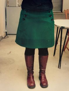 New version of an old favourtie. The Betty Button skirt in green/teal boiled wool with a screen printed hem. Button Skirt, Boiled Wool, New Version