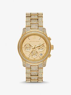 The ultimate finishing touch for everyday glamour, our new Runway watch is defined by a shimmering pavé-encrusted bezel and bracelet strap to dial up the drama. Updated with raised sub dials, this dazzling style is crafted from gold-tone stainless steel and features chronograph details for precise timekeeping. Wear it alone, or stacked for next-level arm candy. Michael Kors Runway, Dope Jewelry Accessories, Michael Kors Fashion, Latest Watches, Dope Jewelry, The Drama, Arm Candy, Luxury Watch, Michael Kors Watch