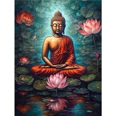 the buddha statue is sitting in front of water lilies