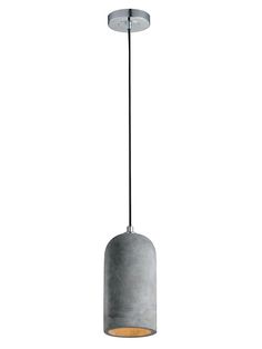 a concrete light hanging from a ceiling fixture with a circular shade on the top and bottom